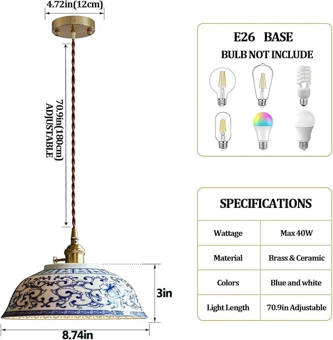 Ceramic Pendant Light, Chinese Blue and White Porcelain Pendant Light fixtures, Bedside Light, Hanging lamp for Kitchen Island Light Fixture, Home Bedroom Dining Room Ceiling Hanging Light 8.7in