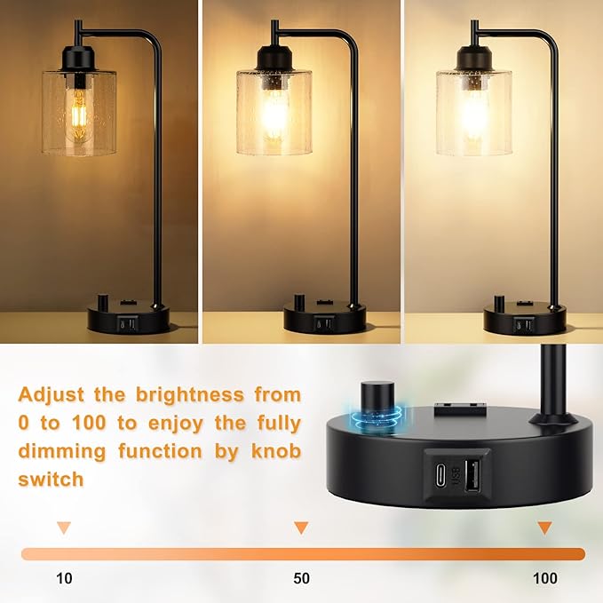 Industrial Bedside Table Lamp for Bedroom - Nightstand Lamps with USB C Charging Port, Fully Dimmable Black Ports and Outlets, Small Desk Glass Shade Office Living Room