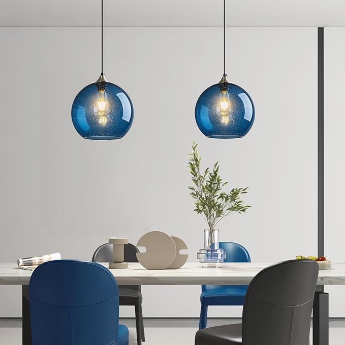 Modern 2-Pack Glass Globe Pendant Lights, Blue Modern Pendant Lighting for Kitchen Island, Clear Glass Hanging Lamps for Dining Room Living Room Bedroom, Medium 7.87 Inch Fixture (Bulbs Not Included)