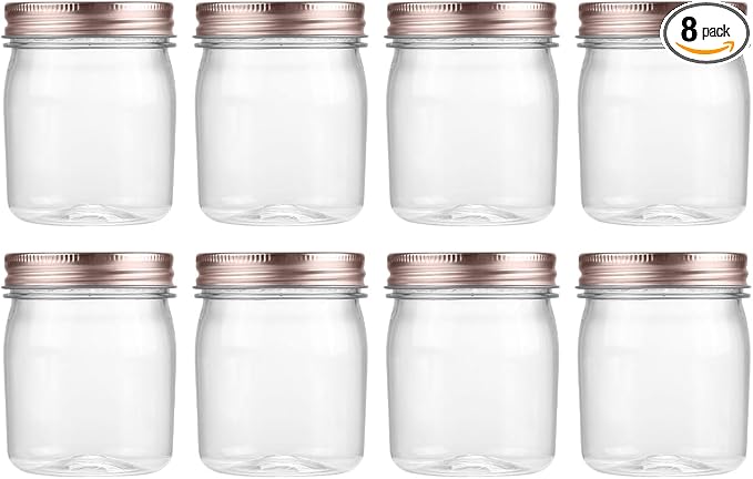 novelinks 8 oz Clear Plastic Jars with Airtight Lids, 8 Pack Plastic Mason Jars with Lids 8oz, Refillable Storage Slime Containers & Small Spice Jar for Kitchen Organization (8 Pack,Rose Gold)