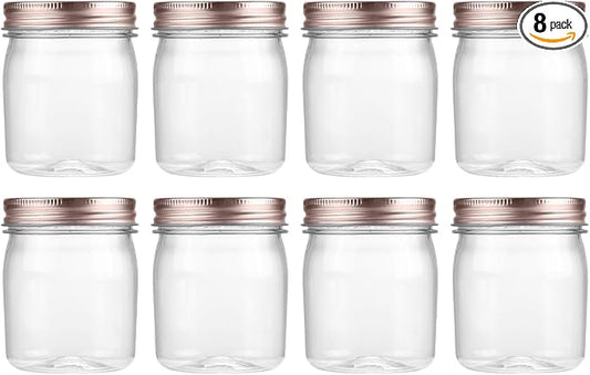 novelinks 8 oz Clear Plastic Jars with Airtight Lids, 8 Pack Plastic Mason Jars with Lids 8oz, Refillable Storage Slime Containers & Small Spice Jar for Kitchen Organization (8 Pack,Rose Gold)