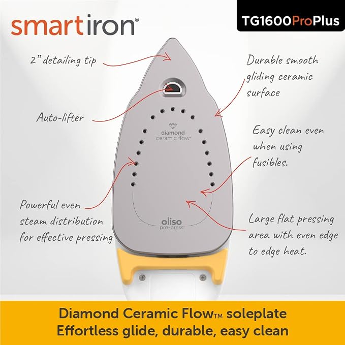 oliso TG1600 ProPlus Auto-Lift Steam Iron - Sewing Quilting & Clothes Ironing – 1800W, Butterscotch