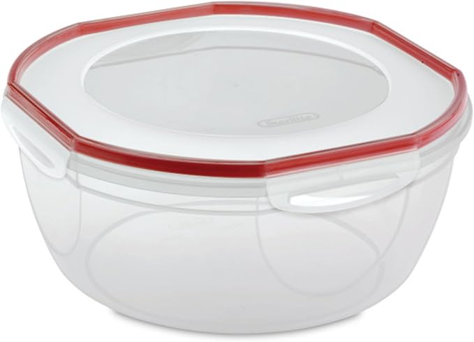 Sterilite Ultra-Seal 8.1 Qt Bowl, Large Airtight Food Storage Container, Latching Lid, Microwave and Dishwasher Safe, Clear With Red Gasket, 2-Pack