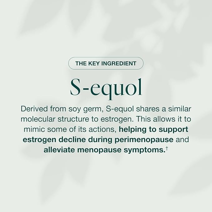 EQUELLE Soulagement multi-symptômes pour la périménopause et la ménopause Soulagement des bouffées de chaleur, des douleurs musculaires et améliore le sommeil. Sans hormones, S-Équol végétal – 2 mois d'approvisionnement (120 comprimés)