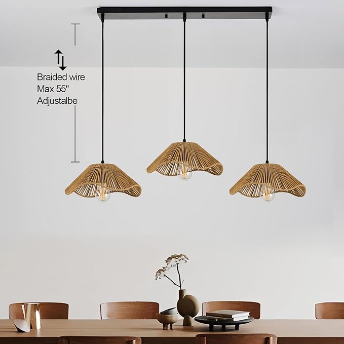 Bobo 3 Light Pendant Light, Hard Wired Hanging Chandelier with 12” Flower Paper Rope Rattern Shade,Suspended Lighting Fixture for for Kitchen Island Dining Bedroom Living Room Restaurants