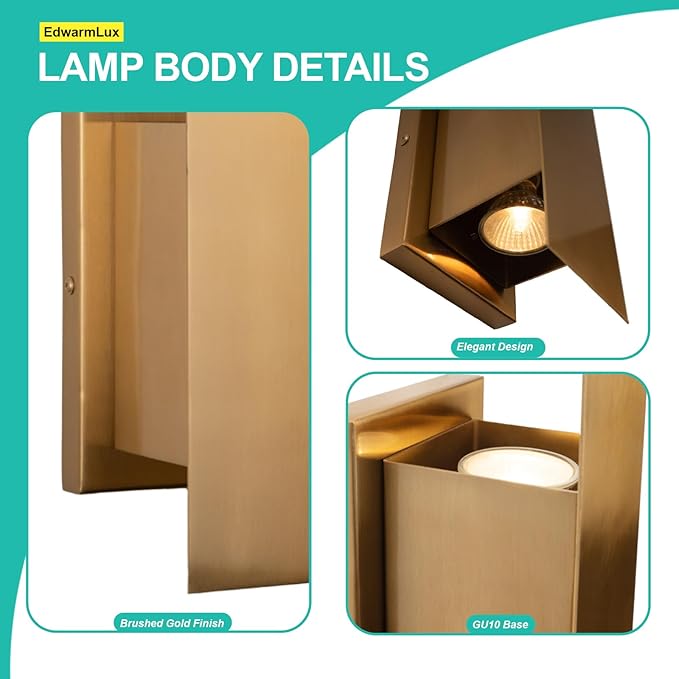 Edwarmlux Indoor Wall Sconces, Modern Wall Lights, Up and Down Wall Mount Light, Dimmable Hardwired Wall Light for Bedroom, Living Room, Hallway, GU10 Bulbs Excluded (Brushed Gold)