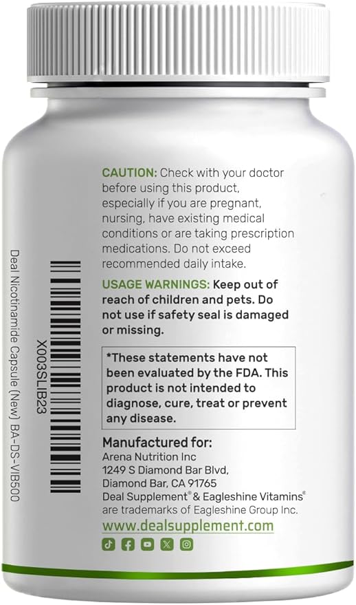 Vitamine B3 Niacinamide 1 000 mg par dose – 500 gélules, Niacine sans rougeurs, B3 essentielle – Soutient la santé de la peau et la production d'énergie – Sans OGM