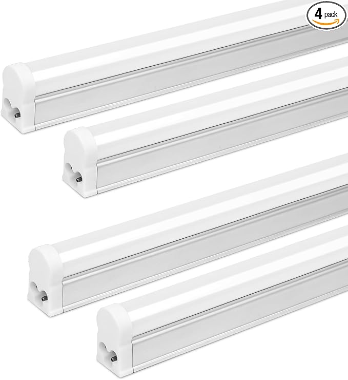 4 Pack LED T5 Integrated Single Fixture, 4FT, 2200lm, 6500K Super Bright White, 20W Utility LED Shop Light, Ceiling and Under Cabinet Light, Corded Electric with ON/Off