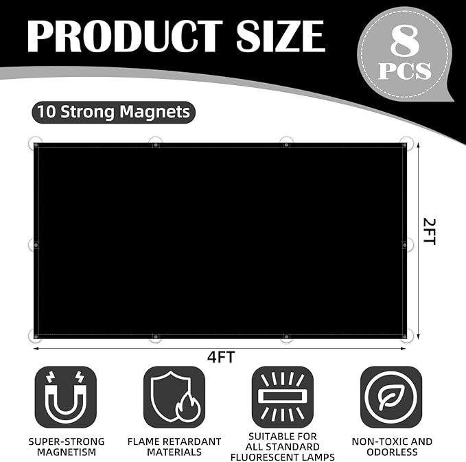 ANGSYLTH 8 Pcs Fluorescent Light Covers - 4 x 2 Feet Covers for Ceiling Lights, 8 x 10 Magnetic Light Filters for Classroom, Office, Hospitals (Black)