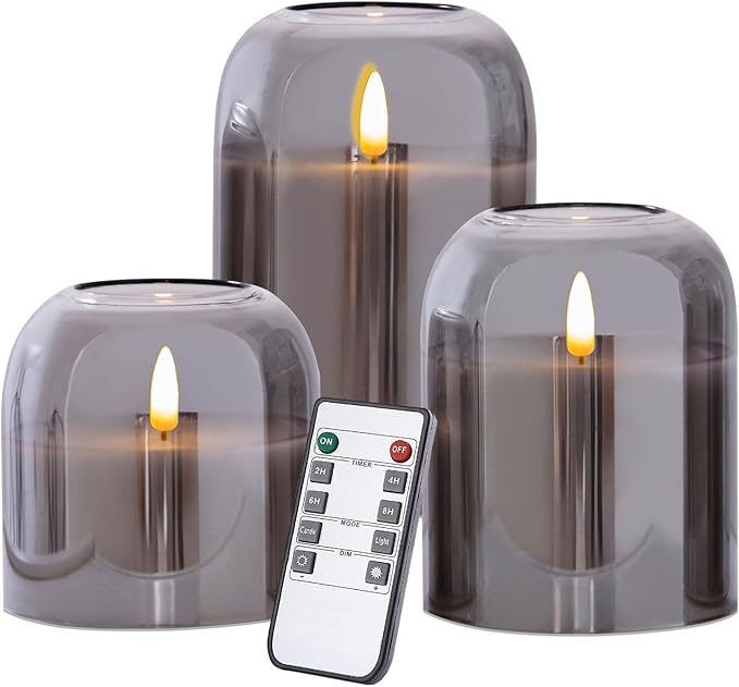 volnyus Grey Glass Flameless Candles with Remote Set of 3 Battery Operated Flickering LED Pillar Candles Real Wax Wick Φ 4"" H 4"" 5"" 6"", Gray