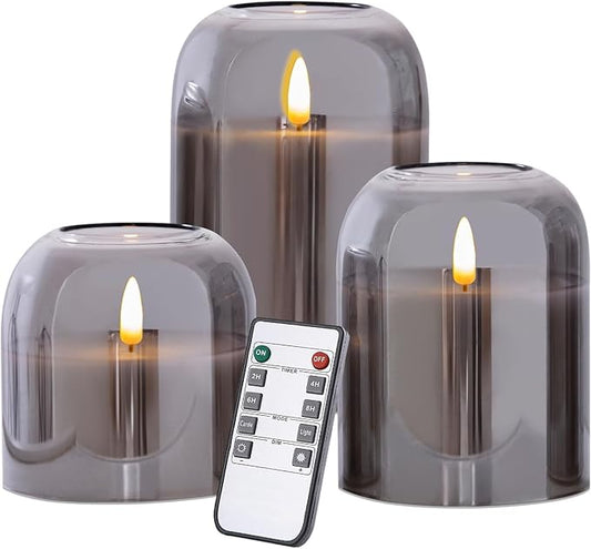 volnyus Grey Glass Flameless Candles with Remote Set of 3 Battery Operated Flickering LED Pillar Candles Real Wax Wick Φ 4"" H 4"" 5"" 6"", Gray