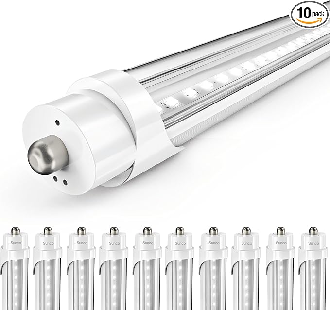 Sunco 10 Pack T8 LED Bulbs 8 Foot, Ballast Bypass LED Tubes 8ft, Replacement for T8 Fluorescent Bulbs, FA8 Single Pin Base, 40W, 5500 LM, 4000K Cool White, Double Ended Power, Type B Tubes, ETL.