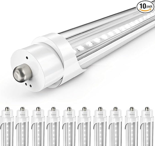 Sunco 10 Pack T8 LED Bulbs 8 Foot, Ballast Bypass LED Tubes 8ft, Replacement for T8 Fluorescent Bulbs, FA8 Single Pin Base, 40W, 5500 LM, 4000K Cool White, Double Ended Power, Type B Tubes, ETL.