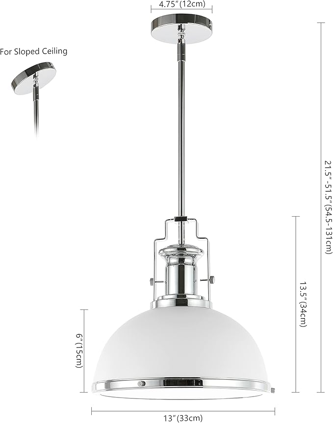 JONATHAN Y 13" Chrome/White Modern Industrial Iron LED Dome Pendant Light, Adjustable Hanging Fixture for Kitchen Island or Entryway, White Metal Shade, LED Bulb Included (JYL9536C)