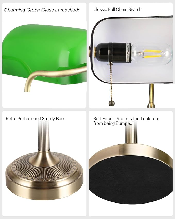 Glass Bankers Desk Lamp with Pull Chain Switch Plug in Fixture (Green-Simple, Simple Style)