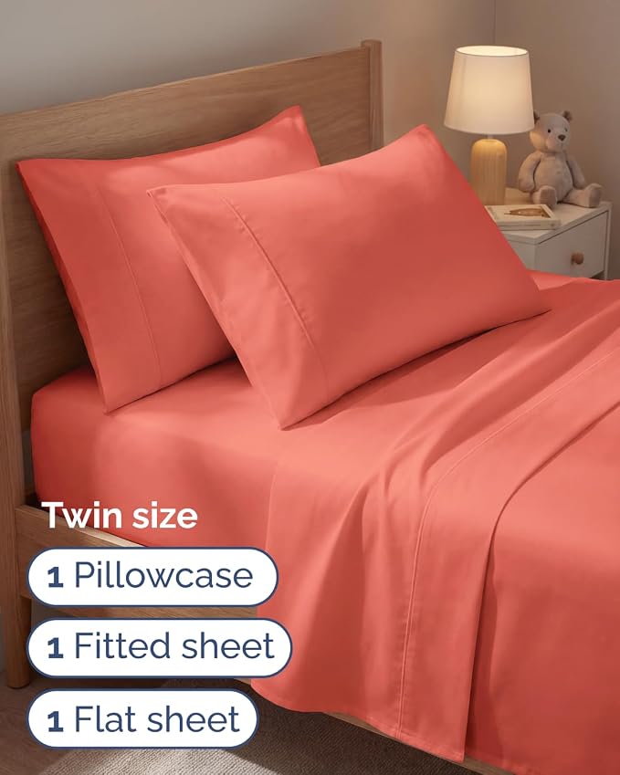 Twin 4 Piece Sheet Set - Comfy Breathable & Cooling - Ultra Soft Hotel Luxury Bedding Set with 8-16 Inch Deep Pockets - 1 Flat & 1 Fitted Sheet & 2 Pillowcases - Cozy, Wrinkle Free & Easy Care - Coral