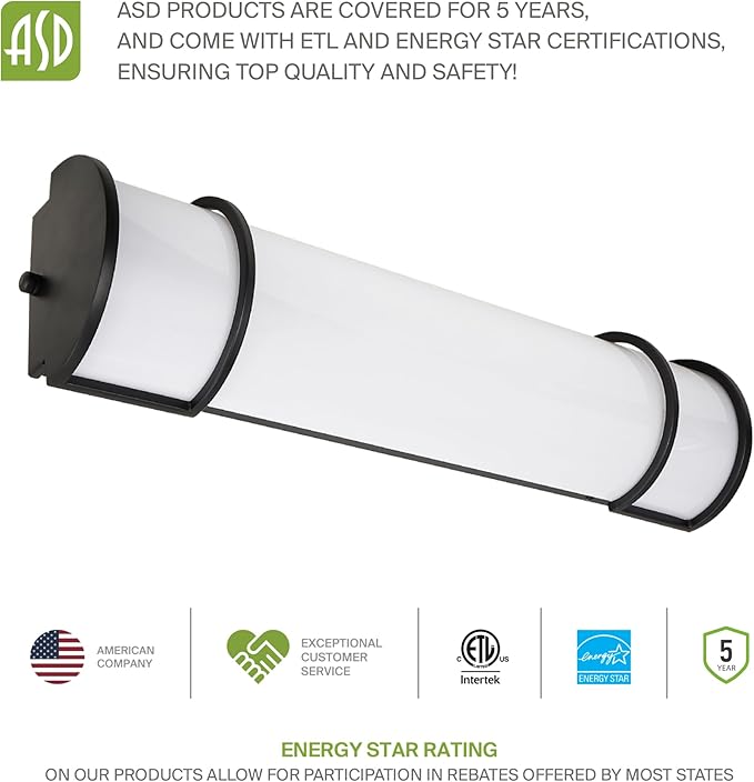 ASD LED 18" Vanity Flush Mount Light Fixture, Linear Bathroom Lighting Bar | 3CCT, Dimmable, Energy Star, ETL Listed | 20W 1650LM 3000-5000K 120V | Long Bath Wall Sconce Over Mirror | Black, 4 Pack