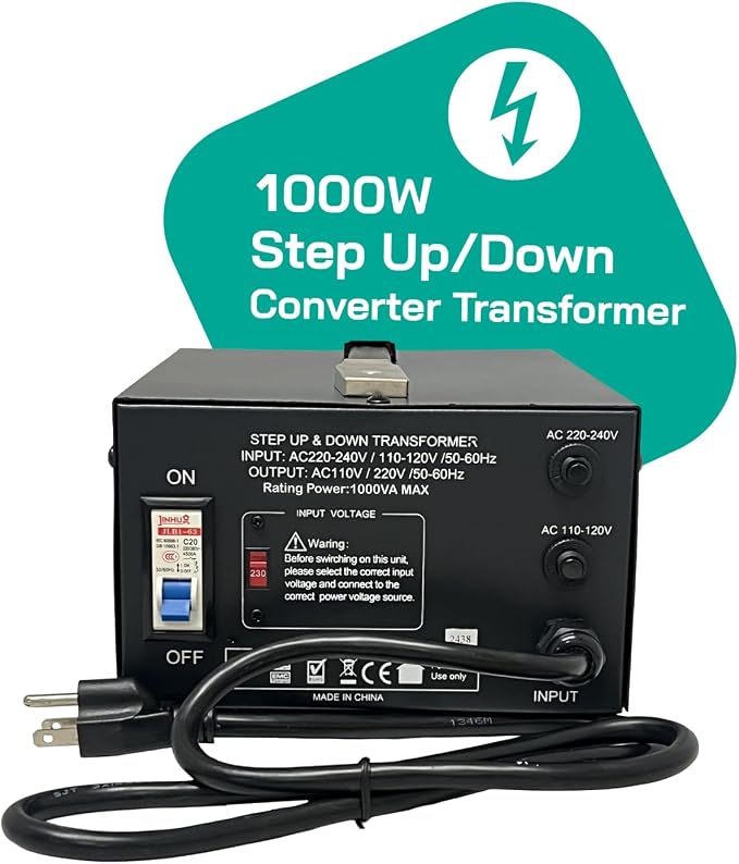 LiteFuze LT Series 1000 Watt Voltage Converter Transformer Step Up/Down - 110v to 220v / 220v to 110v Power Converter - Fully Grounded Cord - Universal Socket, CE Certified