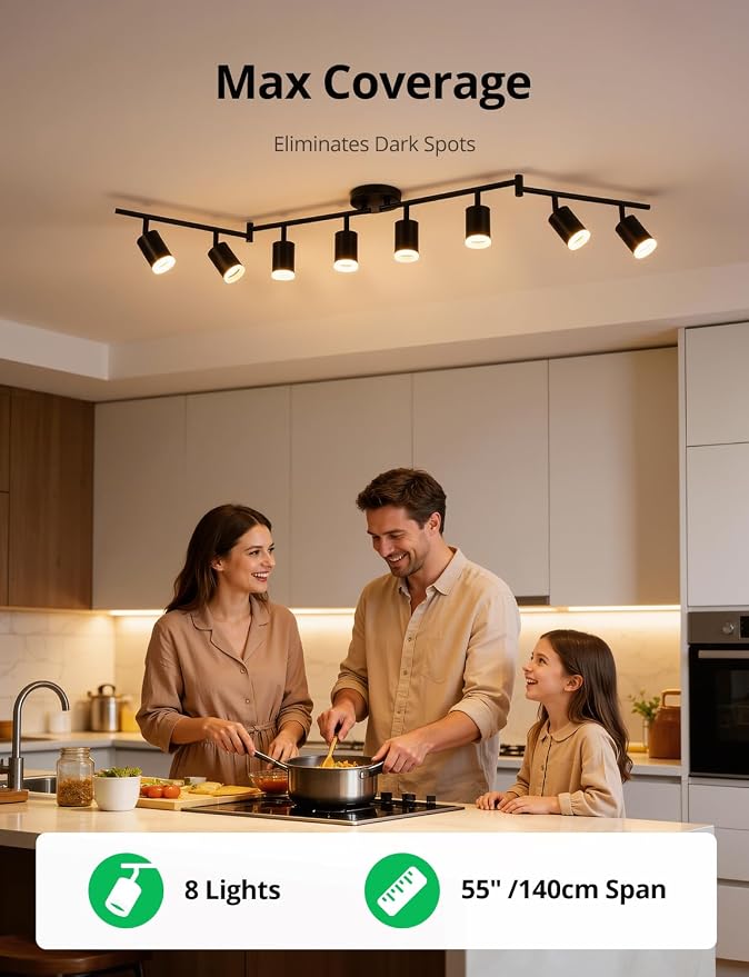 Bojim 8-Light Ceiling Track Lighting Fixtures for Kitchen, Black Modern Led Track Light for Living Room & Closet, 4.6 ft Long Flexible Adjustable Arms, GU10, Bulbs Not Included