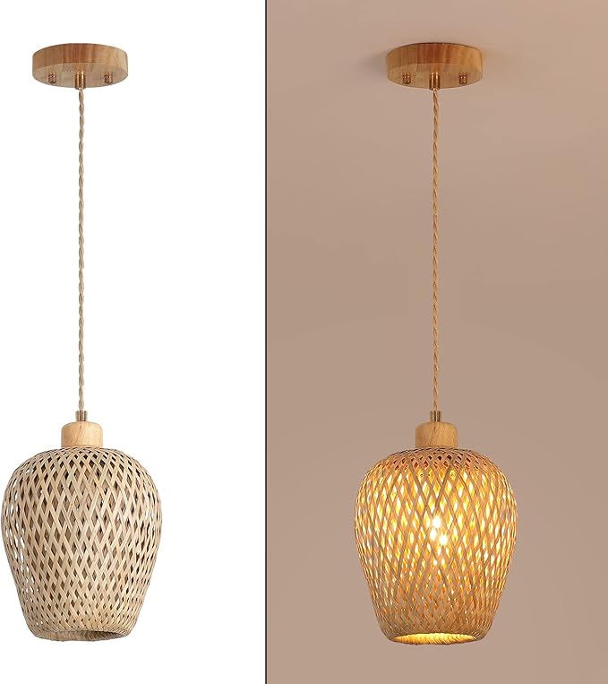 Bamboo Pendant Light Fixture One-Light Adjustable Boho Basket Handmade Woven Mini Pendant Lighting for Kitchen Island Sink Farmhouse Home