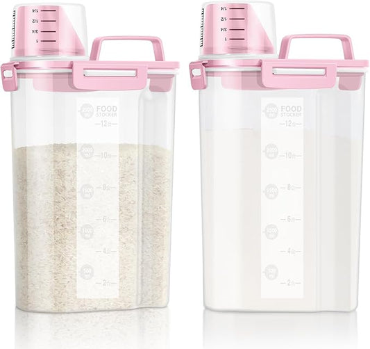 LEAWALK Airtight Rice Storage Container, 3.28Qt Cereal Dry Food Flour and Sugar Bin, Dog Cat Food Dispenser with Measuring Cup, BPA Free Clear Plastic Kitchen and Pantry Organization Bin-Pink 2Pack