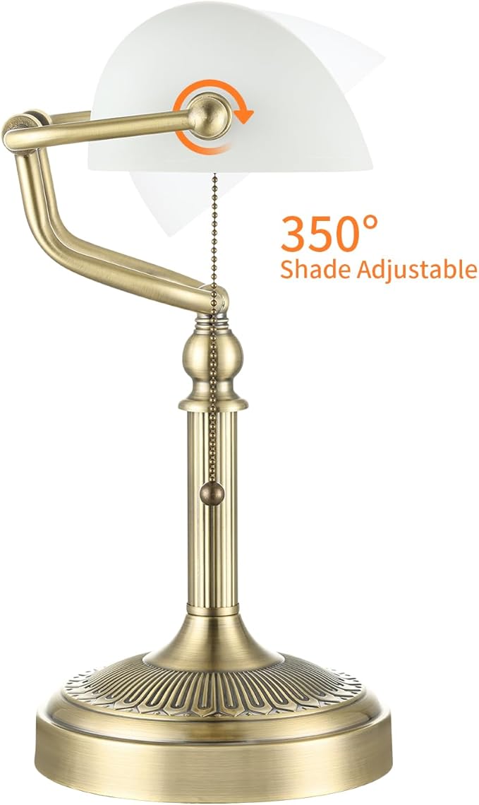 Glass Bankers Desk Lamp with Pull Chain Switch Plug in Fixture (Matted White +Green Bronze Base, Classic)