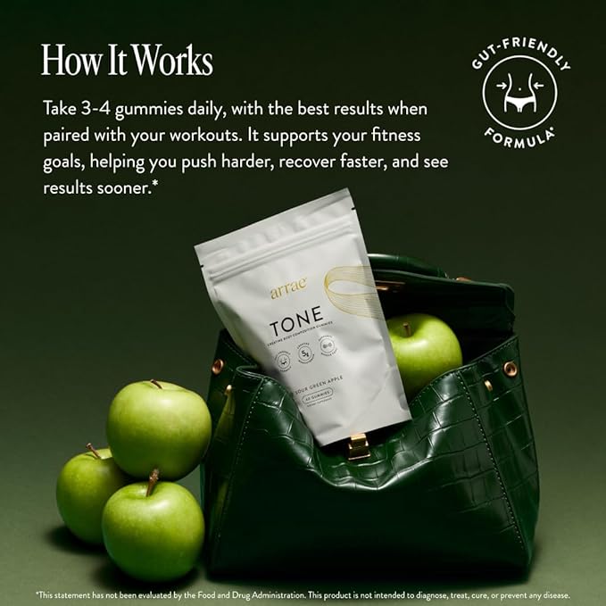 Arrae Tone Gummies – Créatine Monohydrate 5g pour femmes – Soutient la masse musculaire maigre, la force et la récupération – Complément tonifiant musculaire respectueux des hormones – Saveur Pomme verte acidulée – 60 unités (Pomme verte acidulée)