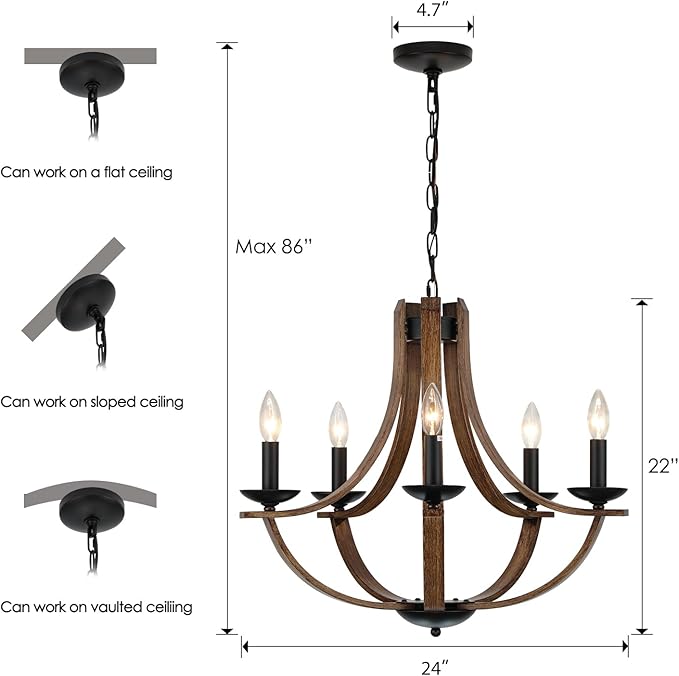 LAMPKEDUO Farmhouse Chandeliers for Dining Room Light Fixture, 5-Light 24 inch Faux Wood Texture Hanging Lighting Fixtures, Rustic Candle Chandeliers for Living Room Kitchen Island Foyer Entryway