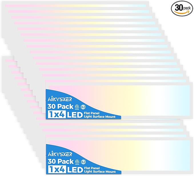 AIKVSXER 30PACK 1x4 LED Flat Panel Light Surface Mount LED Ceiling Light, 5500LM 50W TRIAC 10-100% Dimmable, 3000/4000/5000K AC120V Kitchen Lights Ceiling Flush Mount for Garage/Basement/Laundry