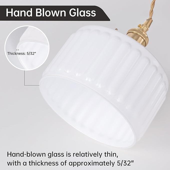 Shenmoyl Plug in Pendant Light Hanging Light Fixtures with Plugin Cord On/Off Switch,White Striped Glass Lampshade Brass Pendant Light