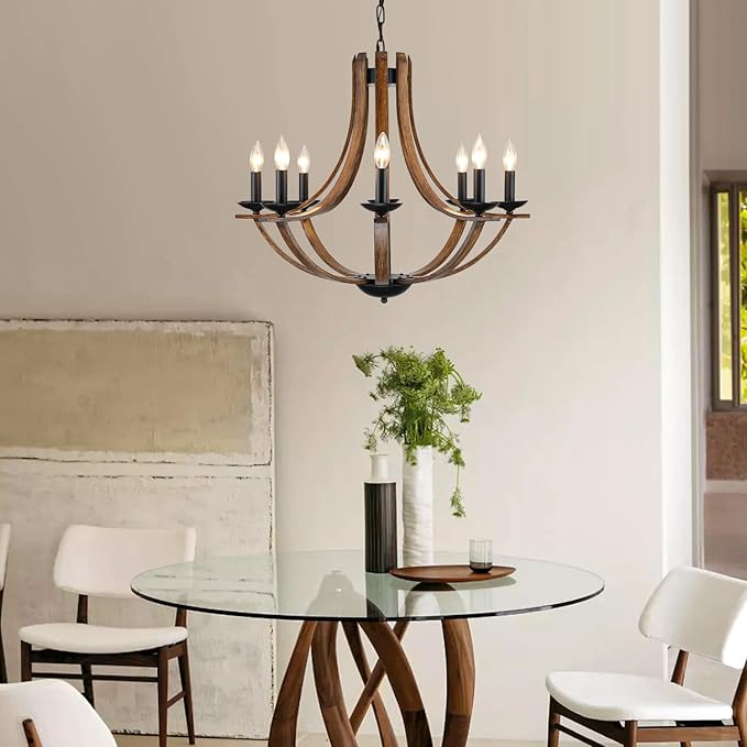 LAMPKEDUO Rustic Farmhouse Dining Room Chandelier Light Fixture, 8-Light 28" Adjustable Chandelier for Kitchen Island, Living Room, Foyer, Staircase, Restaurant, Showroom, Villa, Faux Walnut