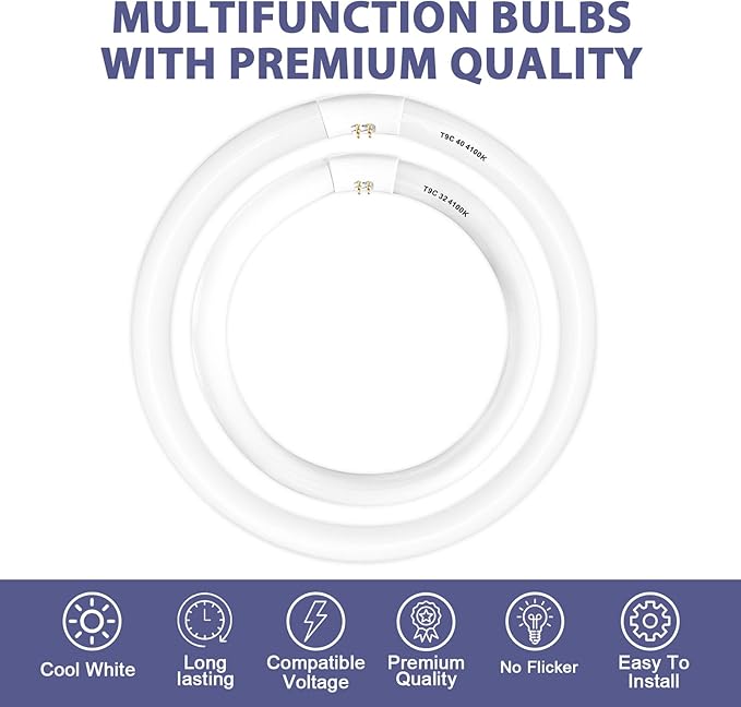 Celiwace FC16T9/CW 40 Watt and FC12T9/CW 32W Set Cool White, 16'' T9 40 Watt Circline Light Bulbs, 12 inch 32W Circular Fluorescent Tube, Round Fluorescent Bulb CRI 82, 4100K, 5300 Lumen G10q