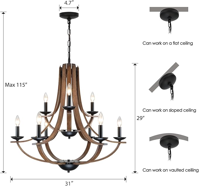 LAMPKEDUO Farmhouse Chandeliers for Dining Room Light Fixture, 2 Tier 9-Light 31" Black with Faux Wood Texture Rustic Adjustable Height Chandelier for Living Room Bedroom Foyer Entryway