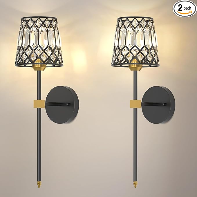 Black and Gold Battery Operated Wall Sconces Set of 2, Crystal Rechargeable Wireless Wall Sconce Lights for Home Decor, Dimmable 12 RGB and 3CCT Wall Lamps with Remote for Living Room Bedroom Hallway