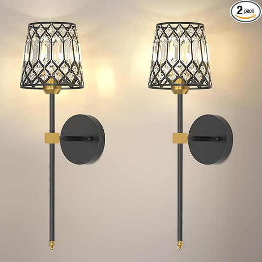 Black and Gold Battery Operated Wall Sconces Set of 2, Crystal Rechargeable Wireless Wall Sconce Lights for Home Decor, Dimmable 12 RGB and 3CCT Wall Lamps with Remote for Living Room Bedroom Hallway