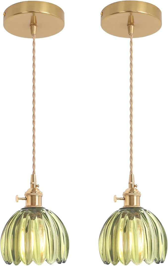 Shenmoyl Pendant Light 2 Pack with Green Tulip Glass Lmapshade, Brass Vintage Pendant Light Adjustable Hanging Light for Kitchen Island Dining Room Hallway