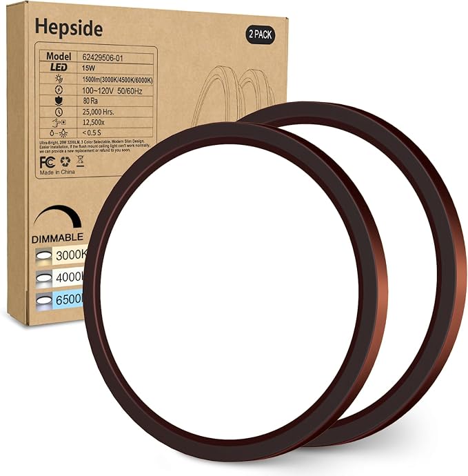 hepside 2Pack Dimmable Flush Mount Ceiling Light Fixture Oil Rubbed Bronze, 3000/4000/6500K Ceiling Lamp, 7.5INCH 15W 1500LM Low Profile Light for Bedroom, Kitchen, Bathroom, Hallway