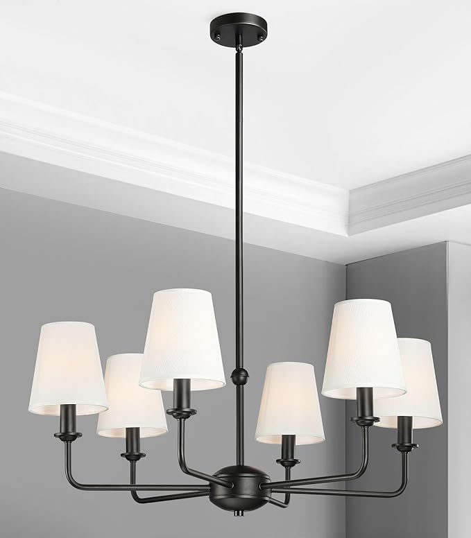 6-Light Black Pendant Chandelier with Fabric Shades, E12 Base - Farmhouse & Industrial Style for Kitchen, Living Room, Dining Room, or Bedroom Lighting