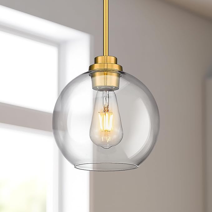 Gold Pendant Lights Kitchen Island, 8" Pendant Light Fixtures with Globe Clear Glass Shade, Modern Kitchen Island Lighting for Bathroom, AD-22280-1PL-GD