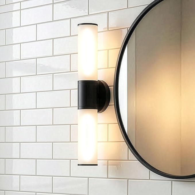 2-Light Bathroom Vanity Lighting Fixture, Black Wall Sconce with Opal White Glass, E26 Stocket Indoor Wall Lamp, Modern Mirror Light