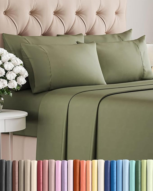 Queen 6 Piece Sheet Set - Comfy Breathable & Cooling - Ultra-Soft Hotel Luxury Bedding Set w/ 8-16 Inch Deep Pockets - 1 Flat & 1 Fitted Sheet & 4 Pillowcases - Wrinkle Free & Easy Care - Sage Green