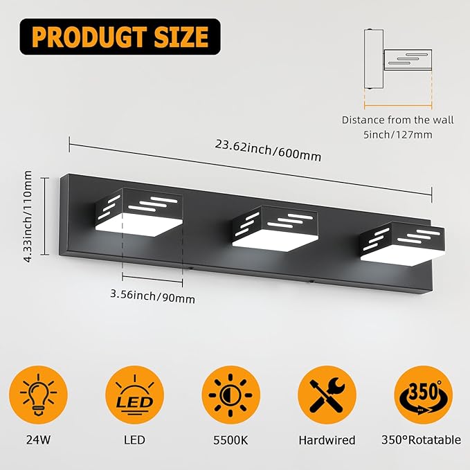 Joosenhouse Modern Black LED Vanity Light for Bathroom, 3-Light Makeup Mirror Light, 24W 6000K Cool White Lighting Fixture