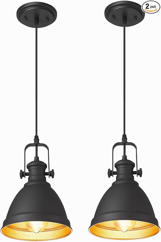 2-Pack Pendant Lights Kitchen Island, 8" Black Hanging Lights Fixtures with Metal Shade, Farmhouse Rustic Kitchen Pendant Lighting Over Island for Dining Room, AD-2151-2PM-BK