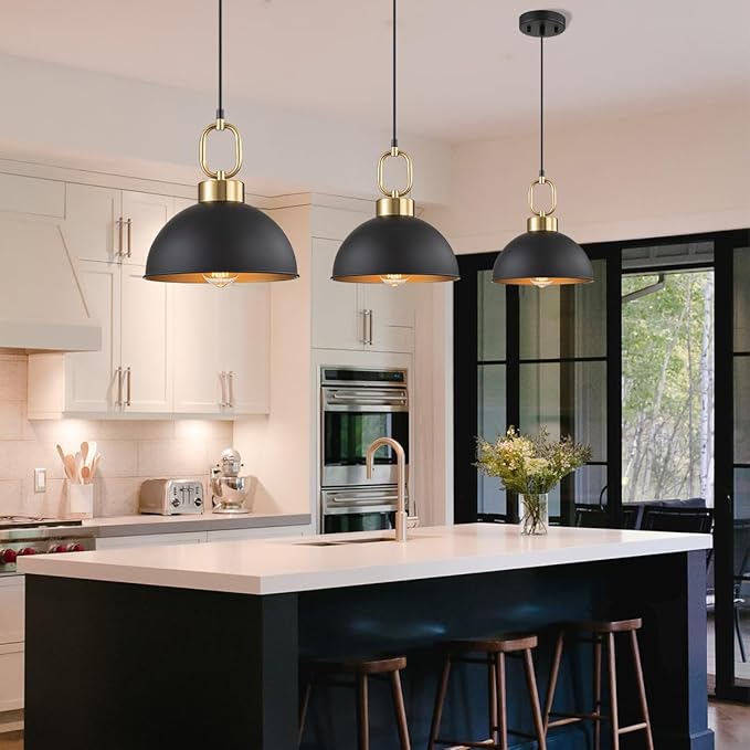 2 Pack Farmhouse Black Pendant Lights Kitchen Island, 10'' Industrial Dome Pendant Light Fixtures, Adjustable Height Modern Hanging Light for Kitchen Dining Room Entryway Bar