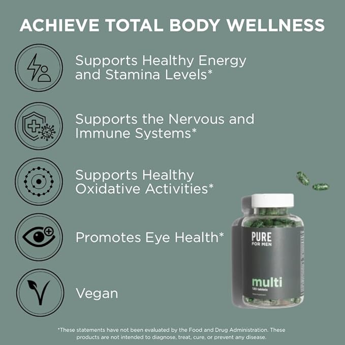 Complément multivitaminé Pure for Men | Énergie, soutien de l'humeur, os solides, antioxydants, minéraux | Vitamines A, B, C, D, magnésium, calcium | Mélange exclusif de 42 fruits et légumes | 120 comprimés végétaliens