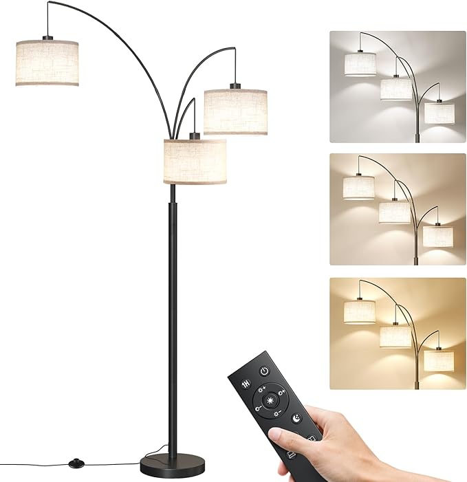SUNMORY 3 Lights Floor Lamp with Remote Control and 3 Stepless Dimmable Bulbs, 78" Tall Standing Lamp with Hanging Drum Shade & Heavy Base, Modern Arc Floor Lamps for Living Room, Bedroom, Office