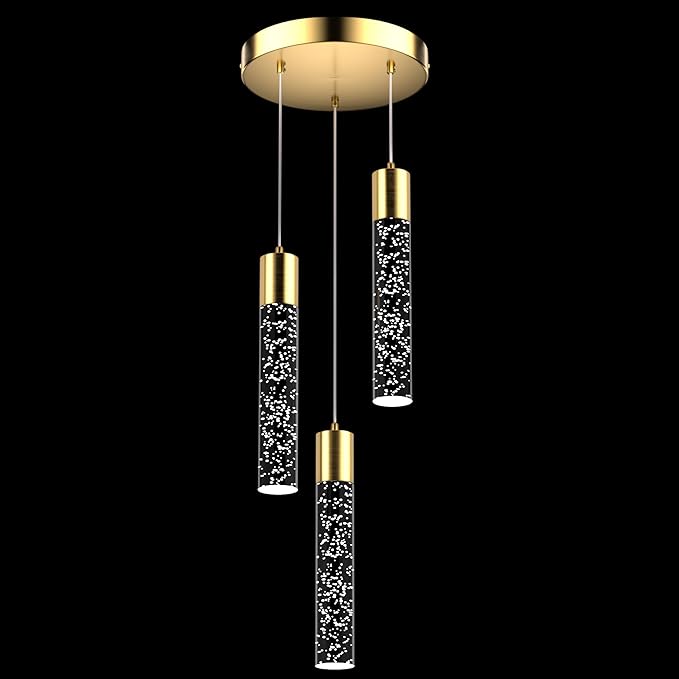 Pendant Lights Kitchen Island, 6500K Modern Kitchen Island Lights Brushed Gold, Ceiling Lighting Fixtures with Crystal Bubble, Integrated LED Hanging Light for Dining Room 1 Pack(3-Light)