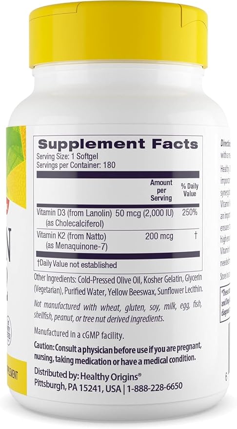 Healthy Origins ビタミンD3 2,000 IU (50 mcg) & K2 200 mcg (非遺伝子組み換え、第三者機関テスト済み、骨の健康、心血管サポート)、180ソフトジェル
