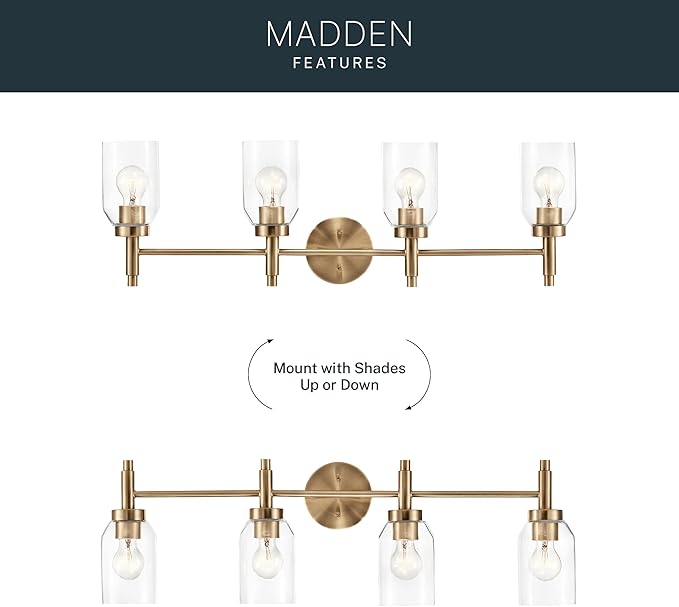 Kichler Madden 4-Light Bathroom Vanity Light Fixture with Clear Glass Shades in Champagne Bronze, Modern Wall Mount for Single or Double Vanity Over Mirror (10.5" x 34"), 55186CPZ