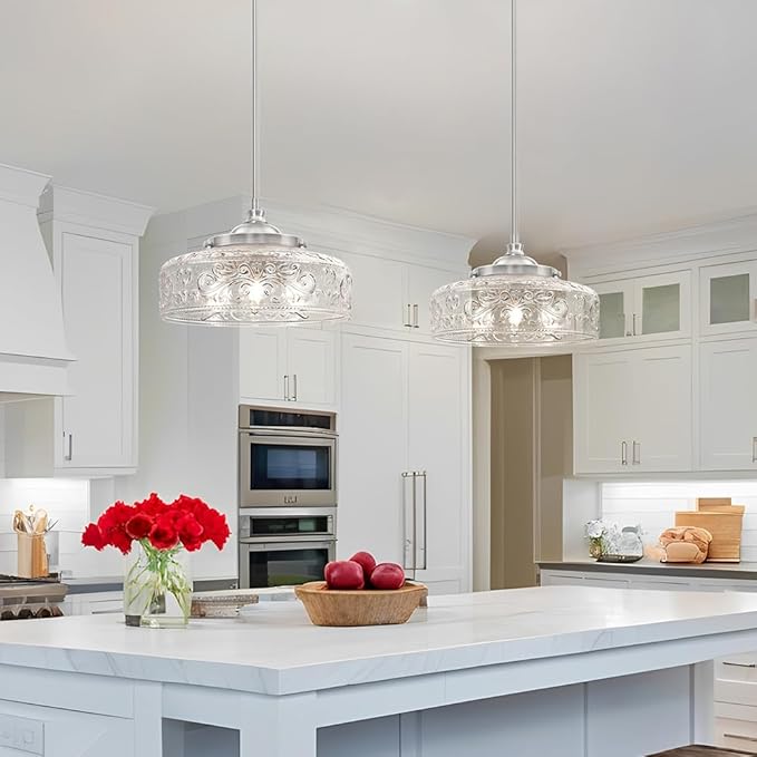 Brushed Nickel Pendant Light with Clear Glass Lampshade, 3-Light Adjustable Pendant Lights Kitchen Island, Vintage Kitchen Pendant Light Ceiling Hanging Lights for Dining Room Hallway Bathroom, E12*3